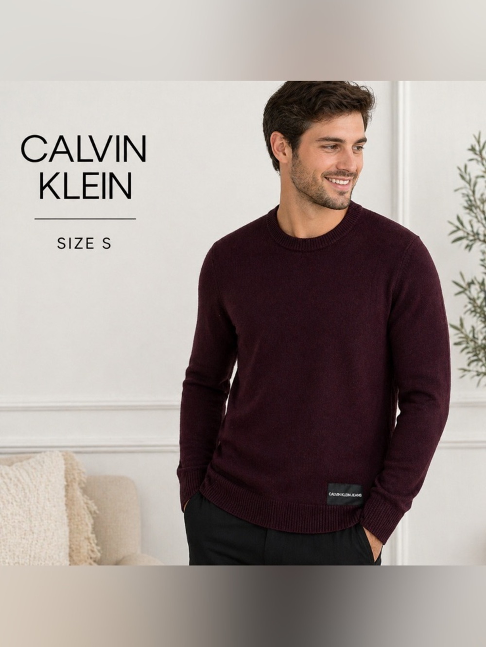 Calvin Klein Jeans Merino Wool Crewneck Sweater Burgundy Size S